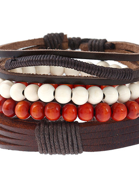 欧美简约复古套装手链diy编织牛皮手链朋克手链男士麻绳真皮手链