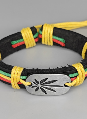 网红牙买加红黄绿亮色皮革手链嘻哈hiphop街舞彩绳编织手环拼