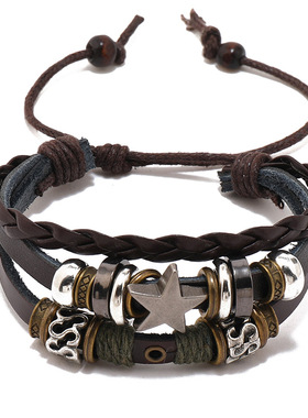 跨境新款饰品个性串珠五角星皮革手链欧美潮流饰品简约多层手环