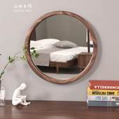 山吟木作黑胡桃木镜子北欧梳妆镜壁挂卫生间家用挂墙式 高清圆镜