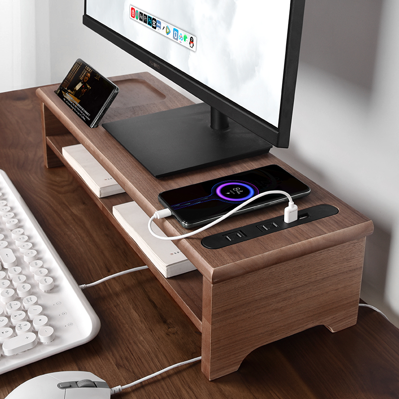 台式电脑增高架显示器屏幕垫高办公工位桌面收纳层架实木带usb充