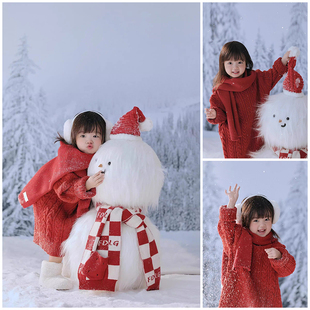 儿童摄影服装秋冬影楼圣诞节雪景主题氛围感红毛衣新年拍照衣服