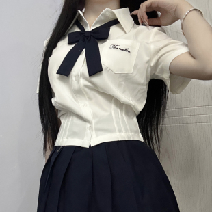 jk收腰衬衫短袖辣妹百褶裙制服套装百搭修身显瘦日系学院风衬衣女