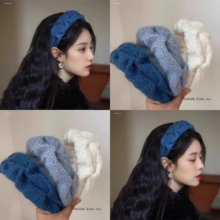 复古克莱因蓝毛线发箍女高颅顶褶皱宽边头箍气质洗脸发卡秋冬发饰