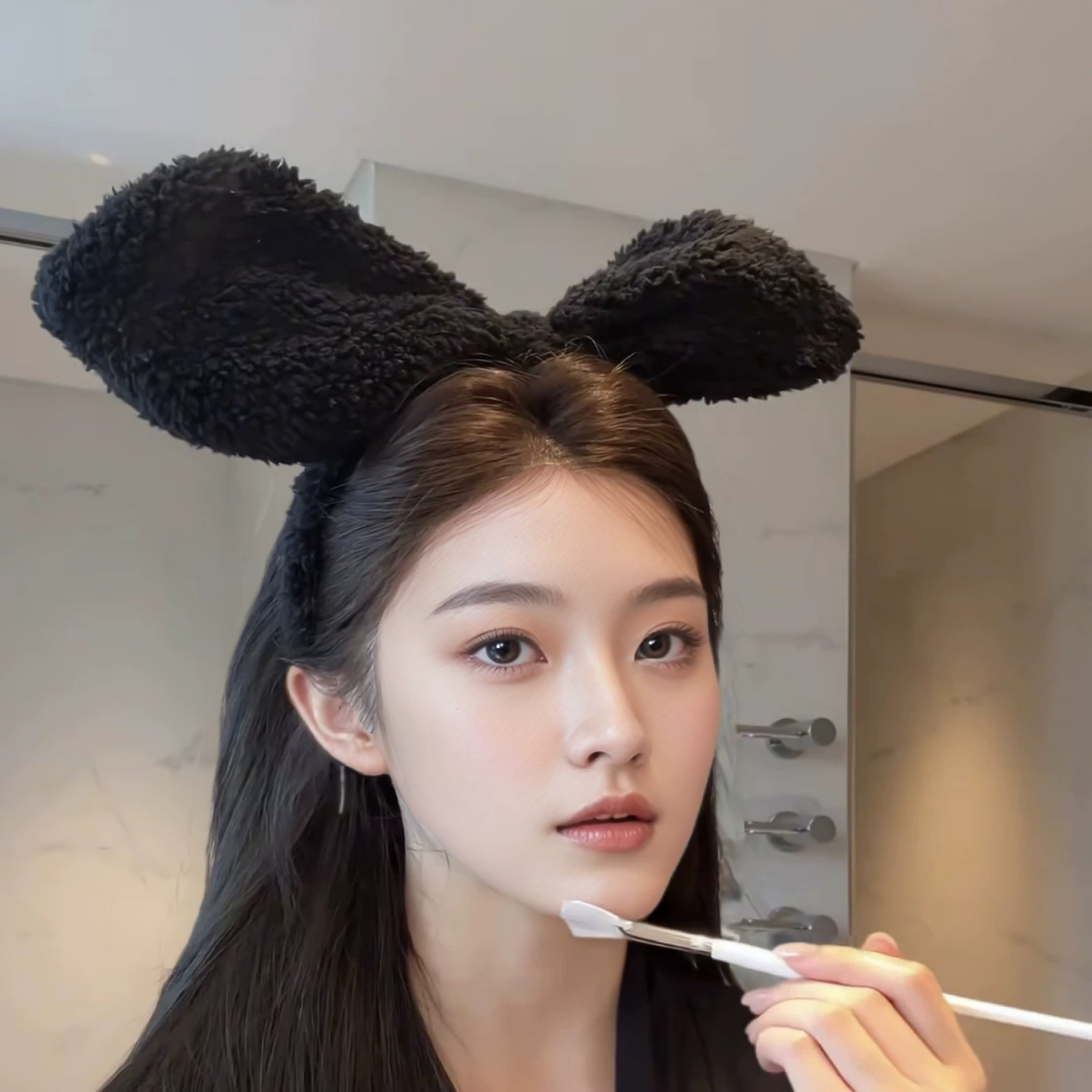 私藏!黑色可爱立体羊羔绒大兔耳朵发箍发卡洗脸发带居家小众发饰