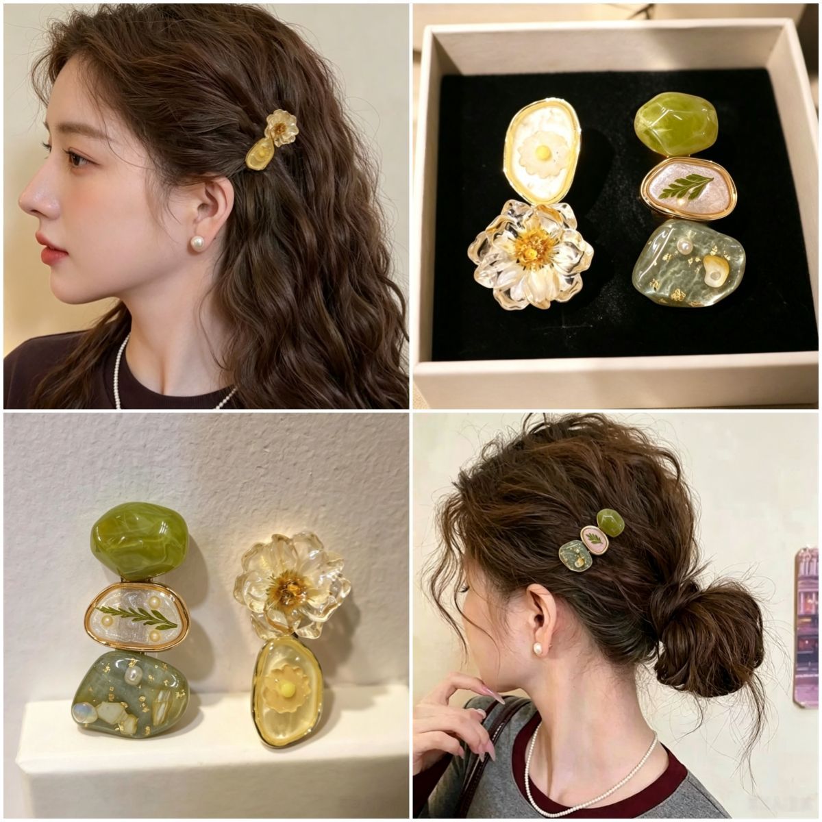 树脂花朵发夹女琥珀色不规则几何造型发饰装饰侧边碎发夹子头饰