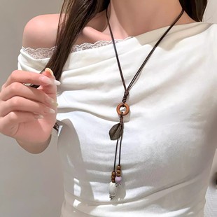 【蜜桃茶】梧桐琥珀 长款天然石陶瓷吊坠项链中式民族风挂脖配饰