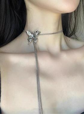 蝴蝶抽拉项链长款锁骨链腰链轻奢小众choker颈链甜酷配饰毛衣链女