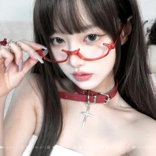 日系亚文化红色半框椭圆眼镜甜酷辣妹镜架二次元 cosplay拍照镜框