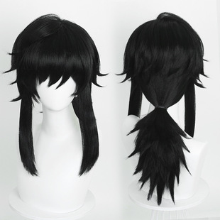 豆蔻 鬼灭之刃系列富冈义勇COS 黑色中长发加厚反翘蓬松假发D790