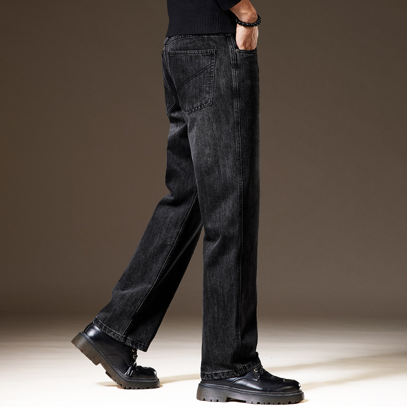 高端美式阔腿黑色牛仔裤男士秋季加绒宽松直筒潮牌水洗垂感裤子男