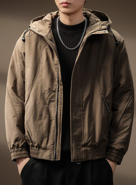 高端美式复古工装棉服外套男士冬季新款户外机能保暖加厚连帽夹克