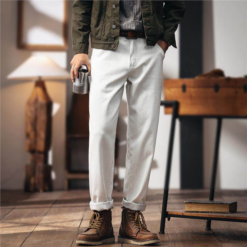 格蓝鹿美式潮牌棉籽壳纯白色牛仔裤男2026春秋新款宽松直筒锥形裤