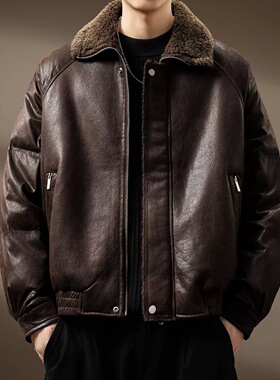 高端德系复古老钱风皮毛一体棉服男士秋冬派克服棉袄加绒皮衣外套