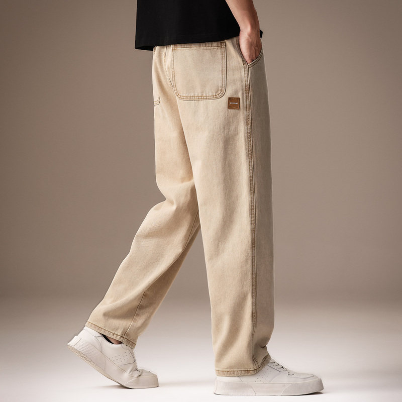 高端美式复古垂感牛仔裤男夏季薄款宽松直筒阔腿工装休闲长裤子男