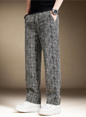 高端日系复古人字纹休闲裤男秋季新款潮牌宽松垂感时尚直筒裤子男