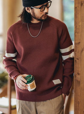 格蓝鹿美式复古撞色拼接圆领毛衣男冬季潮牌宽松休闲套头针织衫男