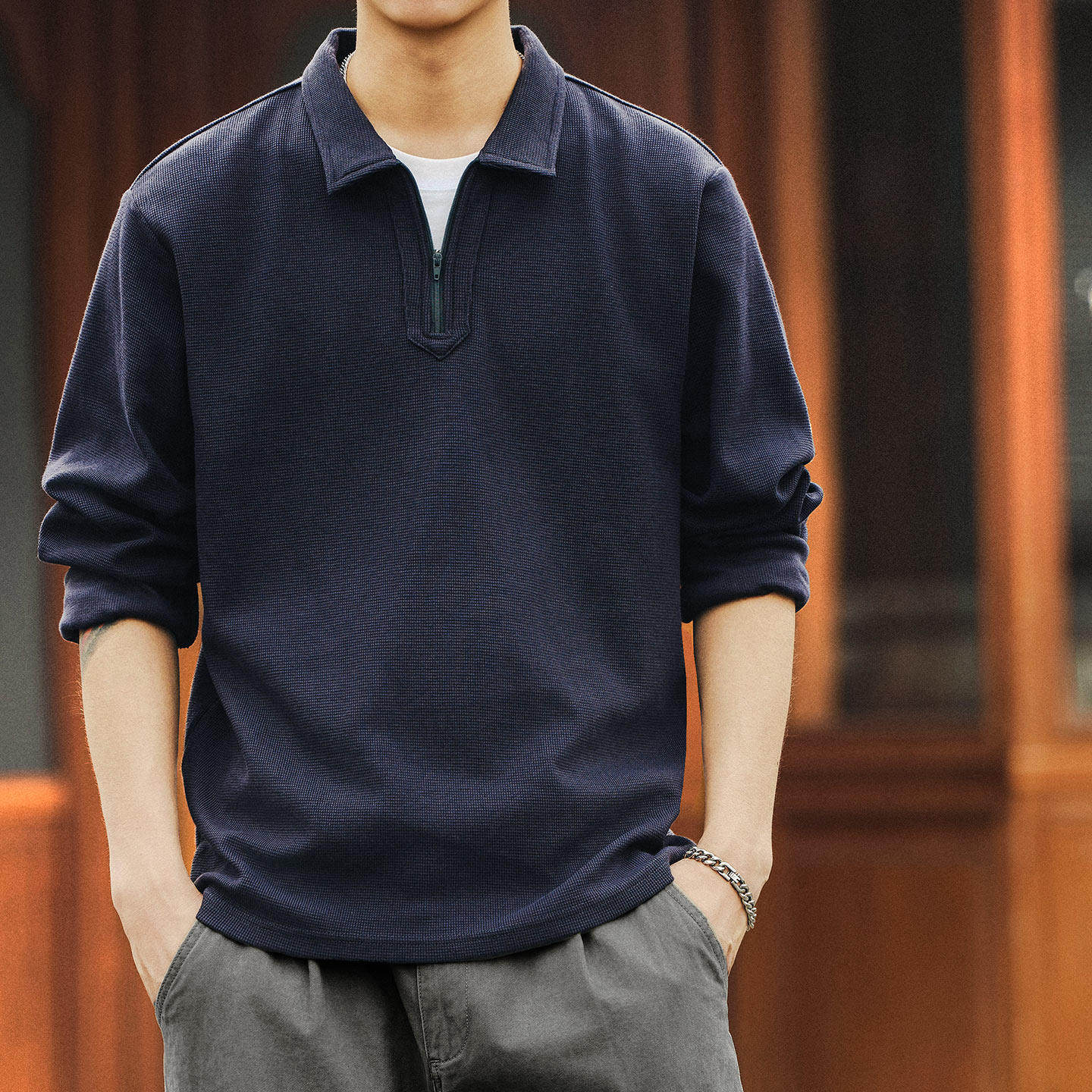 格蓝鹿美式330g重磅华夫格男士Polo衫2026春秋新款款式半拉链体恤