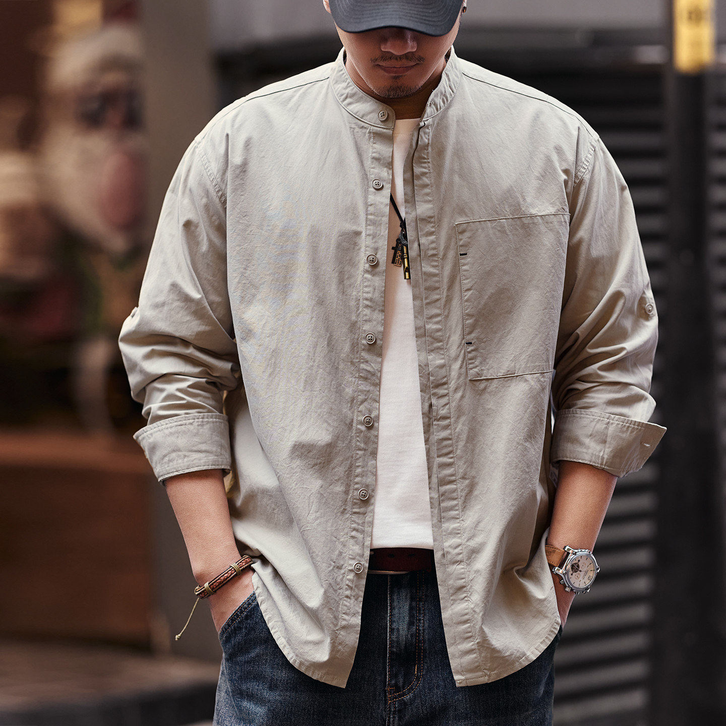 格蓝鹿美式复古棉麻亨利领长袖男士衬衫春季潮牌宽松简约衬衣外套