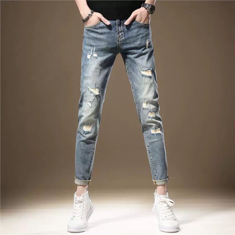 高端九分破洞牛仔裤男修身小脚春秋新款浅蓝色休闲弹力韩版裤子男