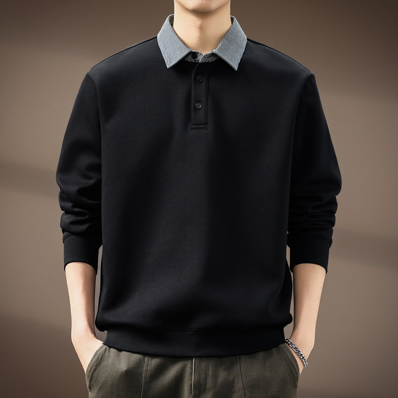 高端假两件条纹衬衣领卫衣男士秋冬300g重磅美式复古加绒套头上衣