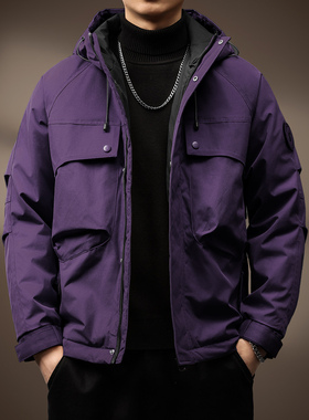 高端宽松户外防风保暖男士冲锋衣秋冬新款简约复古连帽休闲棉衣男