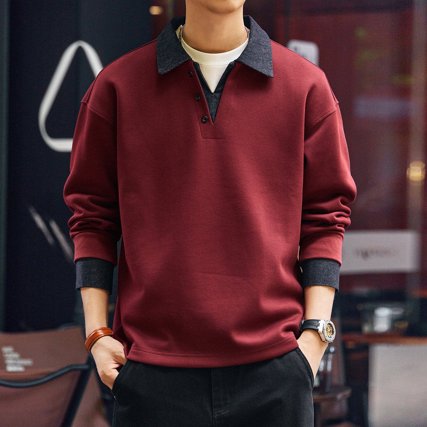 格蓝鹿高端假两件撞色拼接重磅牛仔Polo衫男秋冬加绒复古翻领卫衣