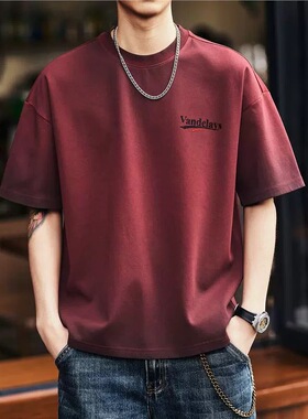 格蓝鹿美式重磅短袖t恤男夏季宽松潮牌休闲安可拉红大码体恤男装