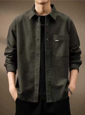 高端日系复古华夫格长袖衬衫男士2025秋季新款宽松肌理感衬衣外套