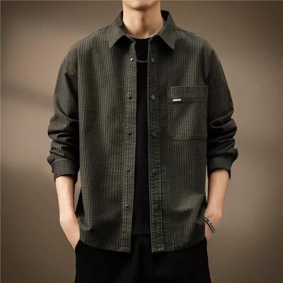 高端日系复古华夫格长袖衬衫男士2025秋季新款宽松肌理感衬衣外套