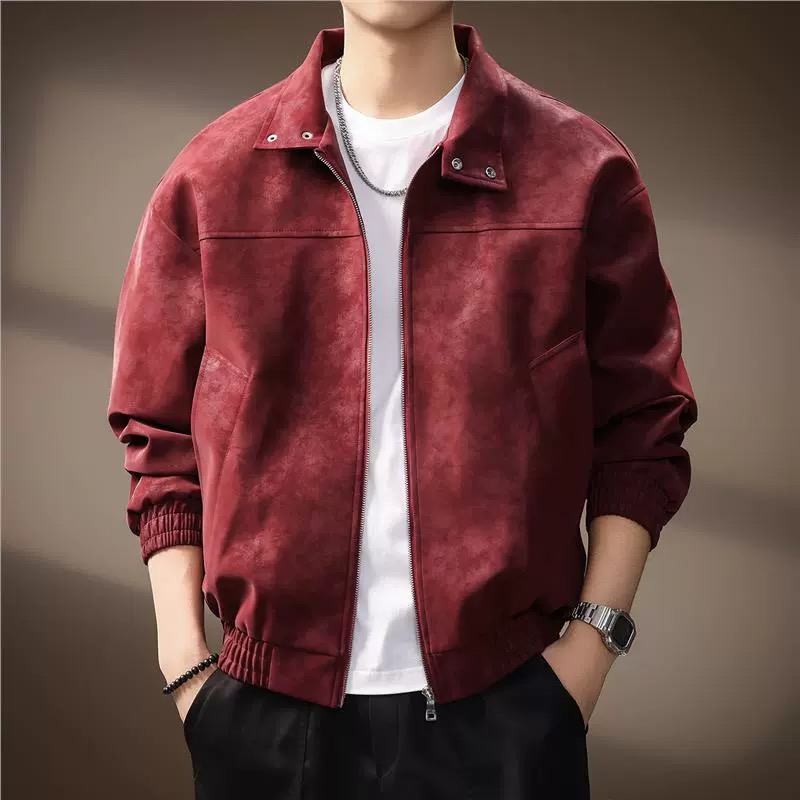 高端美式复古扎染PU皮夹克外套男士秋季高级感潮牌痞帅休闲皮衣男