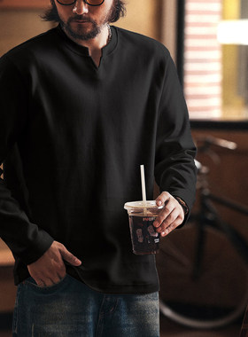 格蓝鹿美式潮牌7A抗菌防螨保暖长袖T恤男士秋季新款黑色V领打底衫