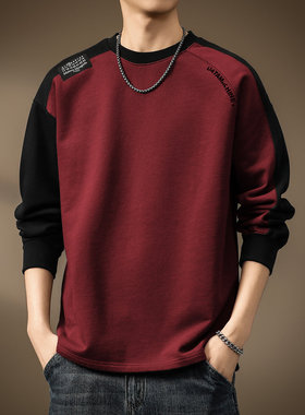高端重磅酒红色拼接插肩长袖T恤男秋季加绒纯棉美式打底上衣卫衣