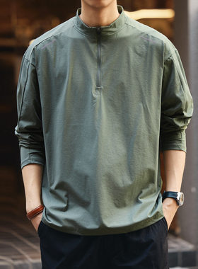格蓝鹿美式户外骑行半高领拉链长袖T恤男秋季新款徒步速干打底衫