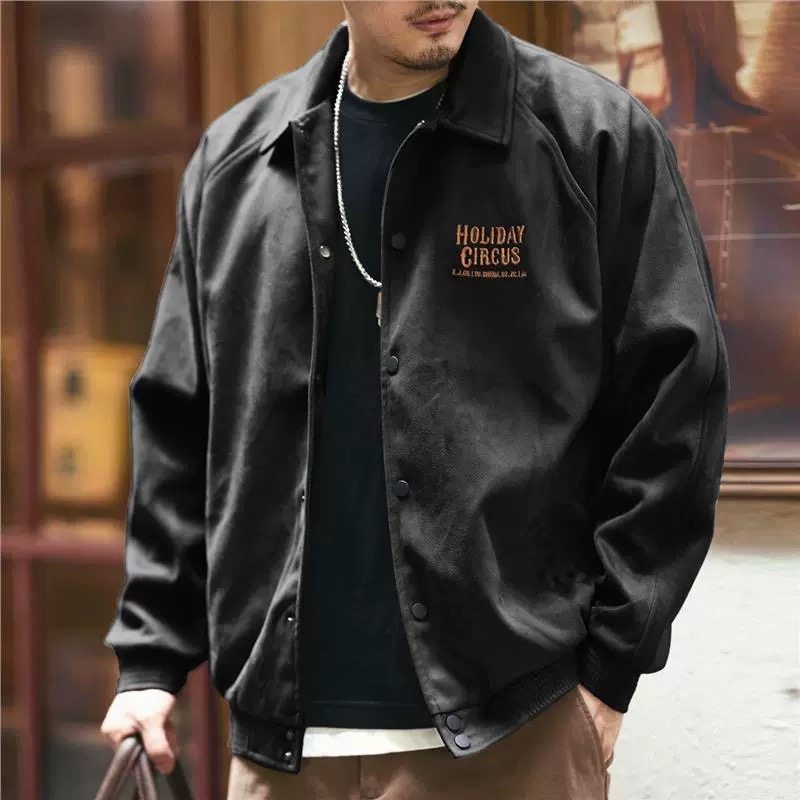 美式复古麂皮绒夹克男外套秋季加棉宽松大码休闲飞行员黑色棒球服