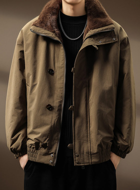 【双面穿】高端美式复古座山雕加厚棉服外套男高级毛领保暖夹克男