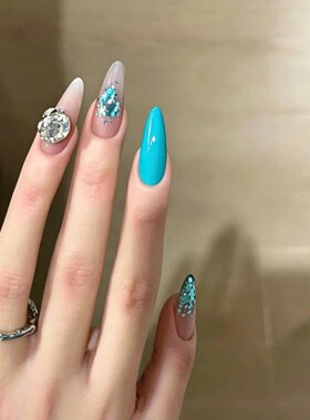 蓝色爆闪亮片钻球手工穿戴甲美甲中长款显白纯欲风高级感指甲贴片