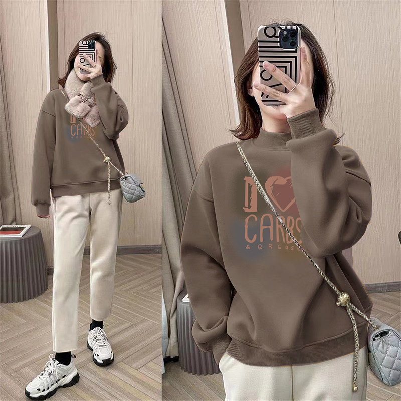 Half-high Collar Pullover Printed Base Shirt with Fleece and Thickened Hoodie for Women, 2024 Autumn and Winter New Loose Korean Style Jacket