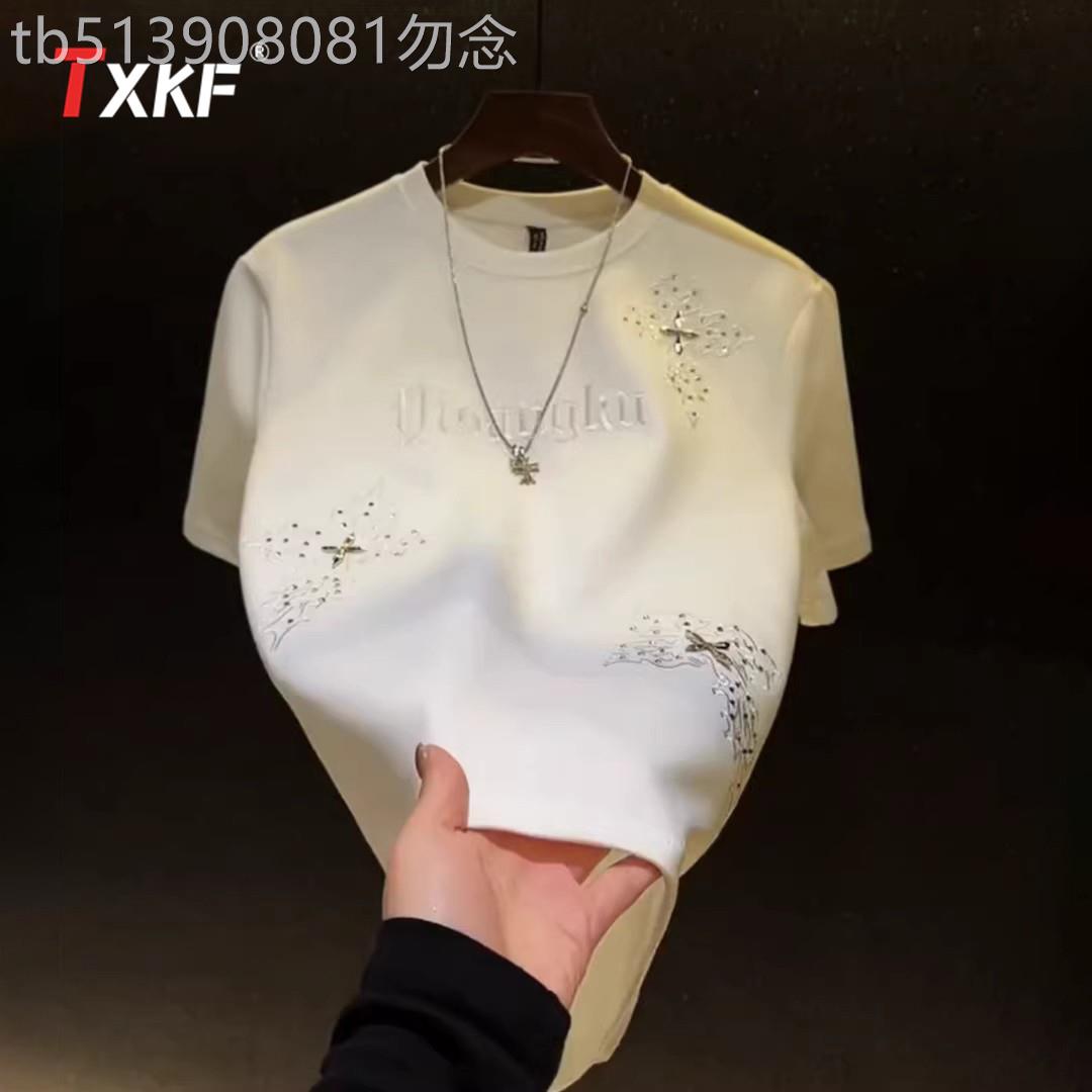 高端烫钻刺绣短袖男士2026新款春夏季圆领宽松打底半袖上衣服男款