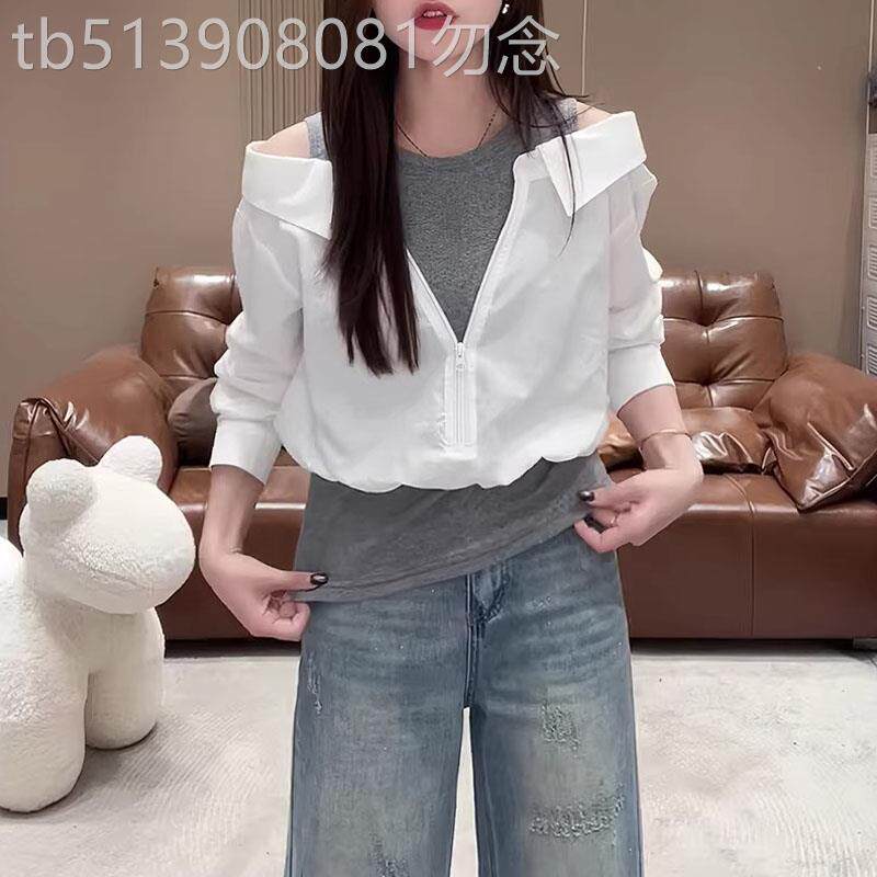 露肩拼接假两件衬衫女士春秋2026欧货新款简约设计感宽松显瘦上衣