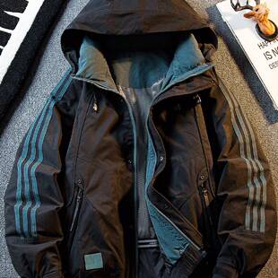 【法国轻奢品牌】三道杆拼接冲锋衣外套男冬季保暖防风连帽羽绒服