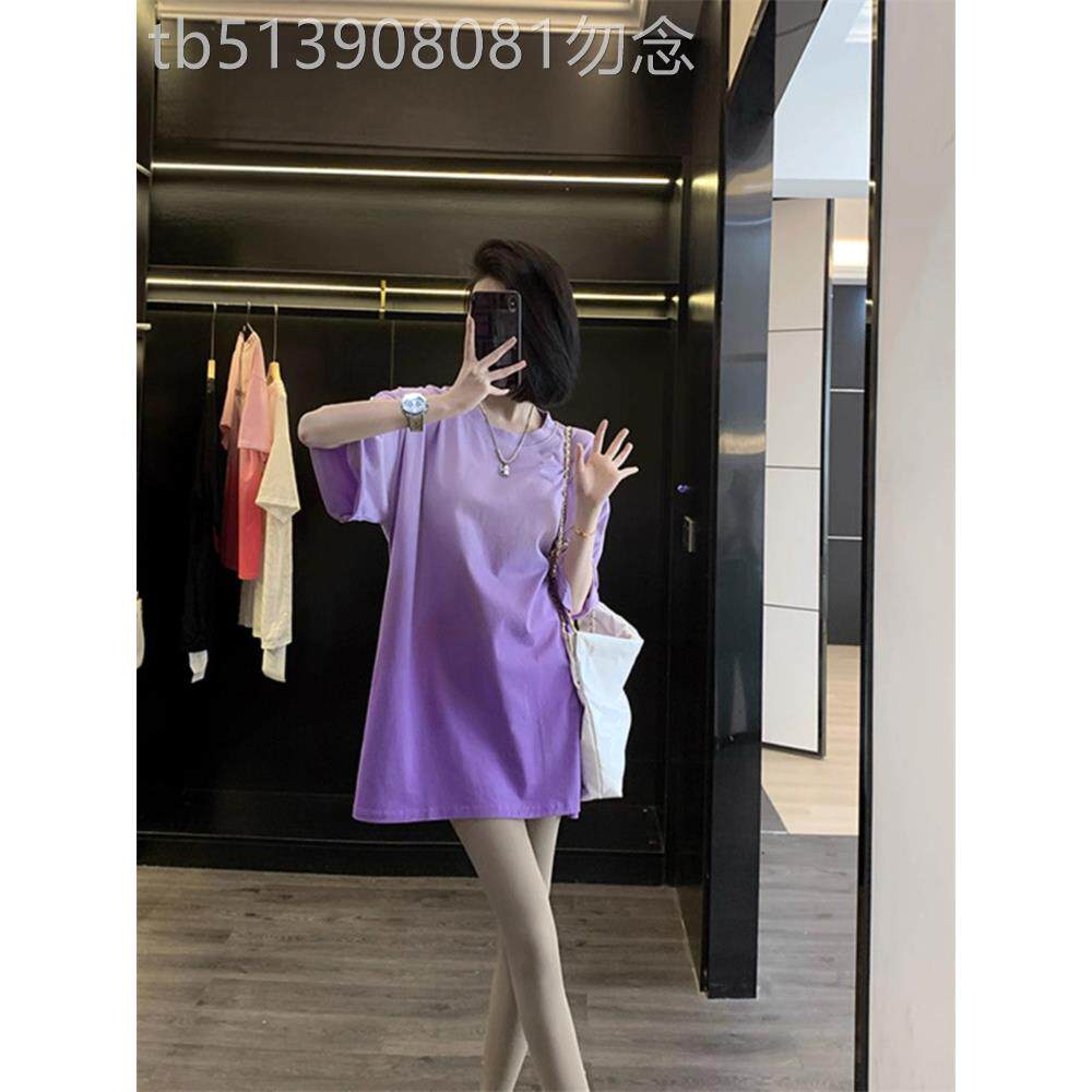 潮牌紫色短袖t恤女2026夏季渐变欧货大版洋气小众中长款简约上衣