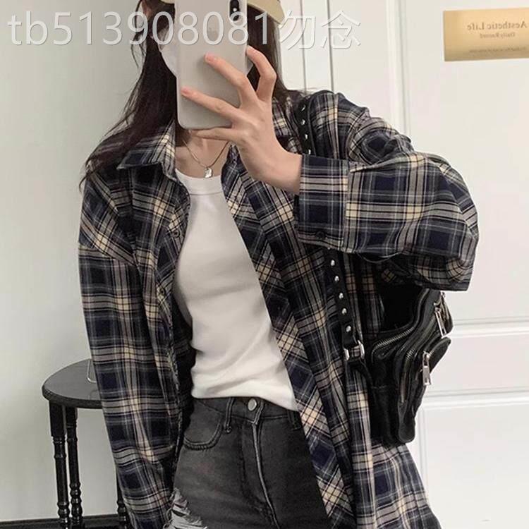 不费力气赶时髦~美式复古格子衬衫女春设计感宽松休闲衬衣外套