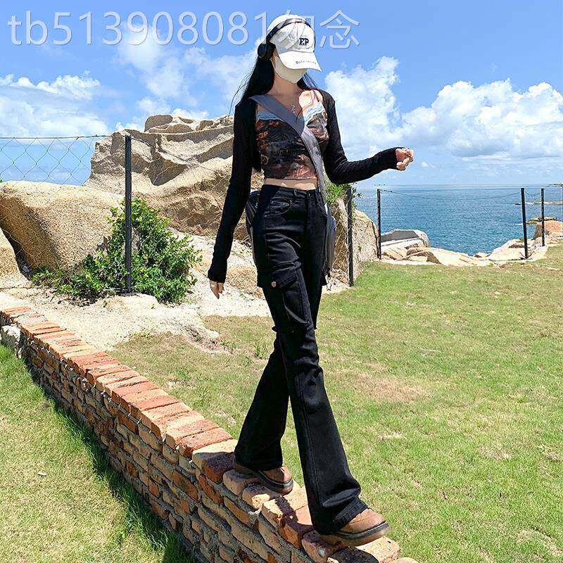 美式黑色工装裤女夏季薄款2025新款小个子高腰修身微喇叭拖地裤子