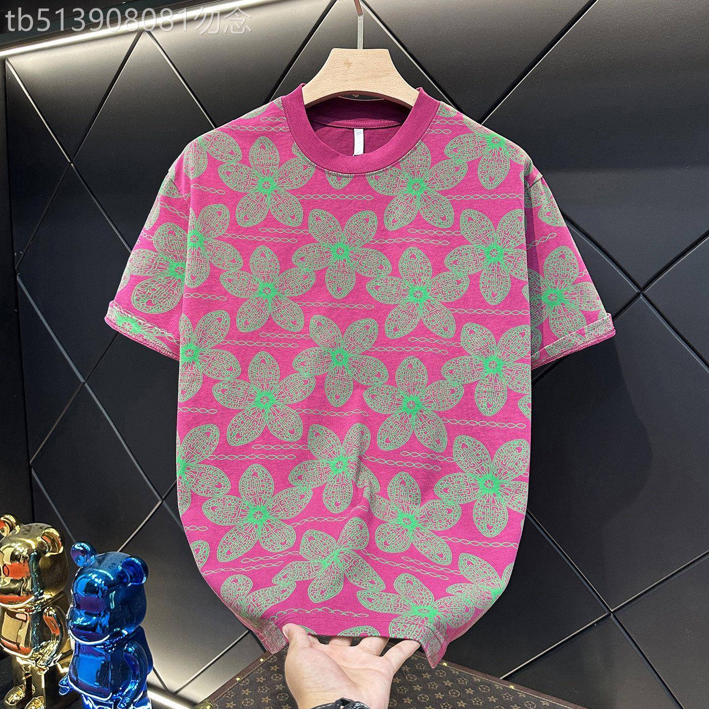Mostarsea~夏季新款男士撞色满印花卉印花圆领短袖T恤时尚上衣潮