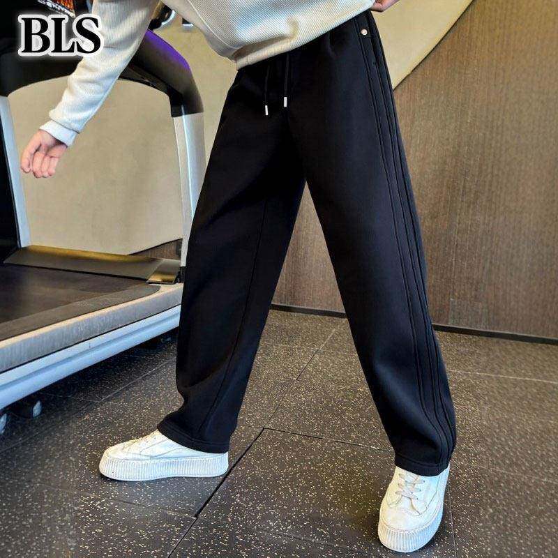 高端加绒条纹直筒卫裤男士冬季2025新款保暖加厚运动休闲男款长裤