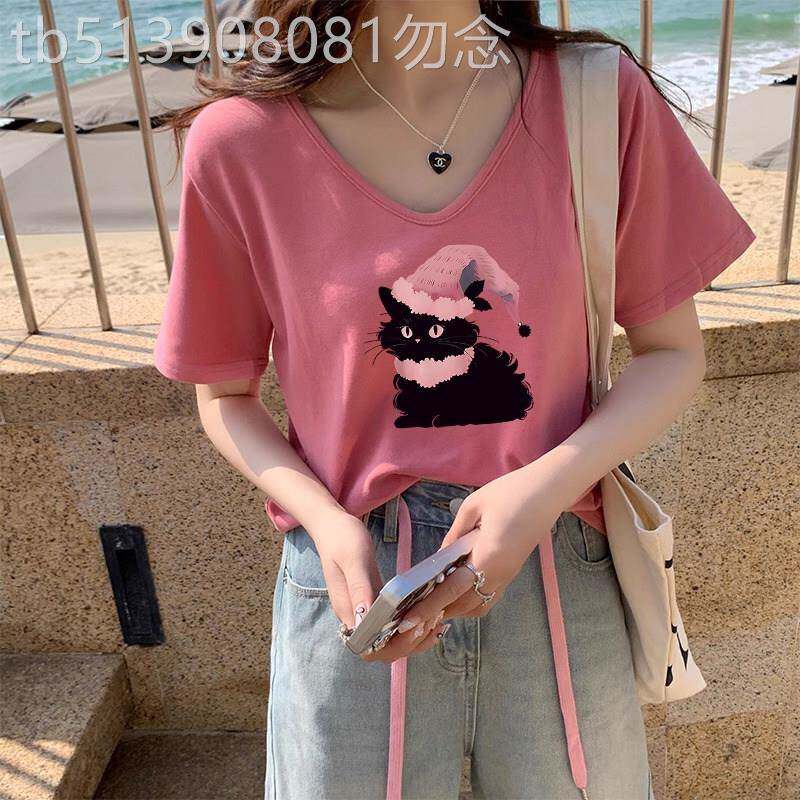 正肩短袖t恤女士夏季薄款2026新款宽松显瘦设计感v领半袖体恤上衣
