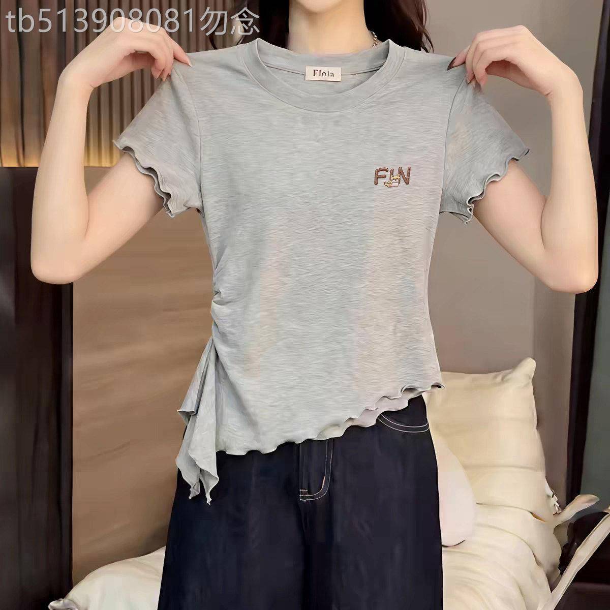 灰色高级感T恤女2026夏款设计感不规则下摆正肩短袖飘带修身上衣