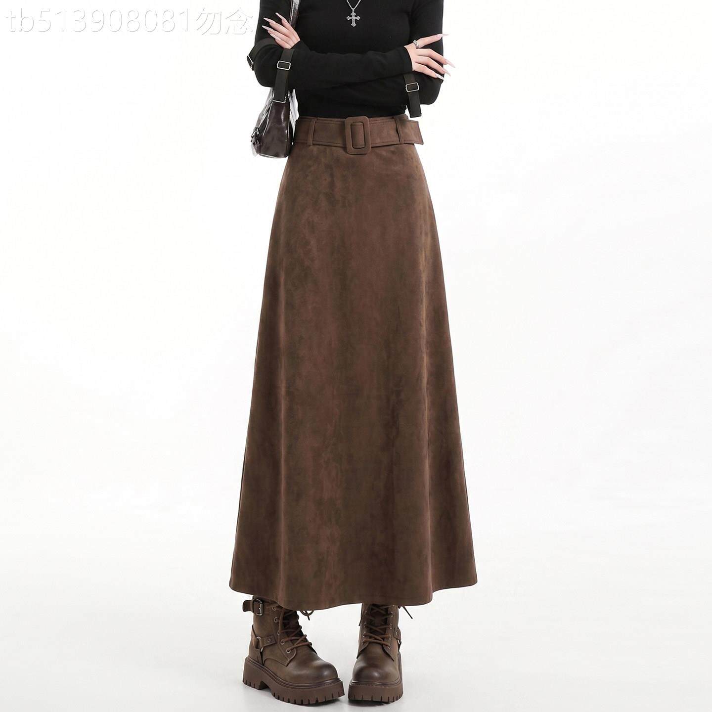复古咖色麂皮绒半身裙女秋冬2026新款高腰显瘦a字长裙百搭伞裙子