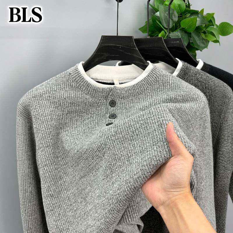高端假两件圆领毛衣男冬季2025新款一体绒加绒加厚男士针织打底衫